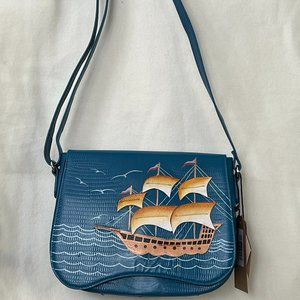 SUKRITI Hand Painted 100% Leather Nautical Theme Shoulder Bag NWT